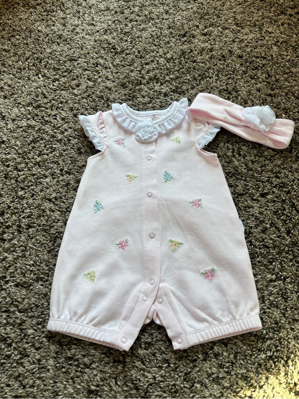 Little Me Baby Romper with Floral Embroidery and Matching Headband NWT